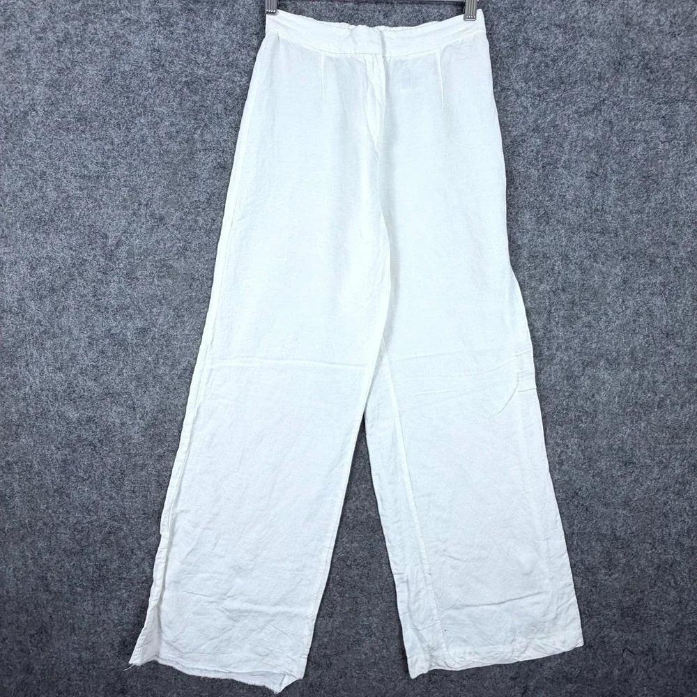 H&M Linen Blend Wide Leg Pants Womens 2 White Relaxed Bohemian Beach